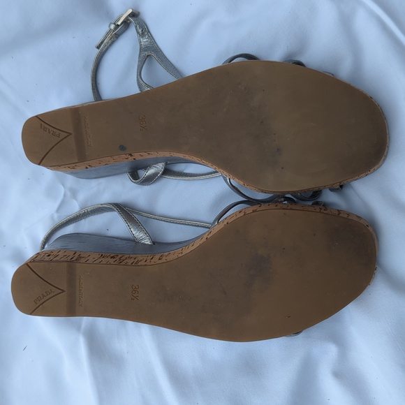 PRADA Platform Wedge Sandals Silver Cork Heel 36 1/2 - Picture 4 of 8